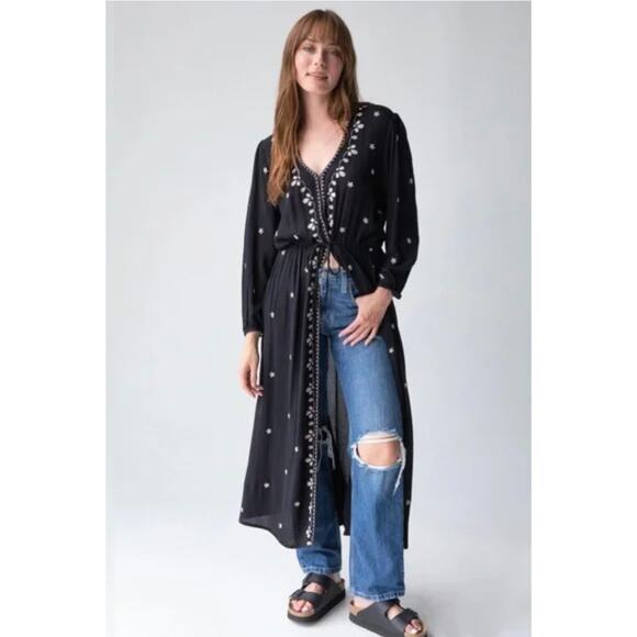 Natural Life Women’s XS Black Embroidered Oversized Maxi Dress Duster NWT - Picture 1 of 12